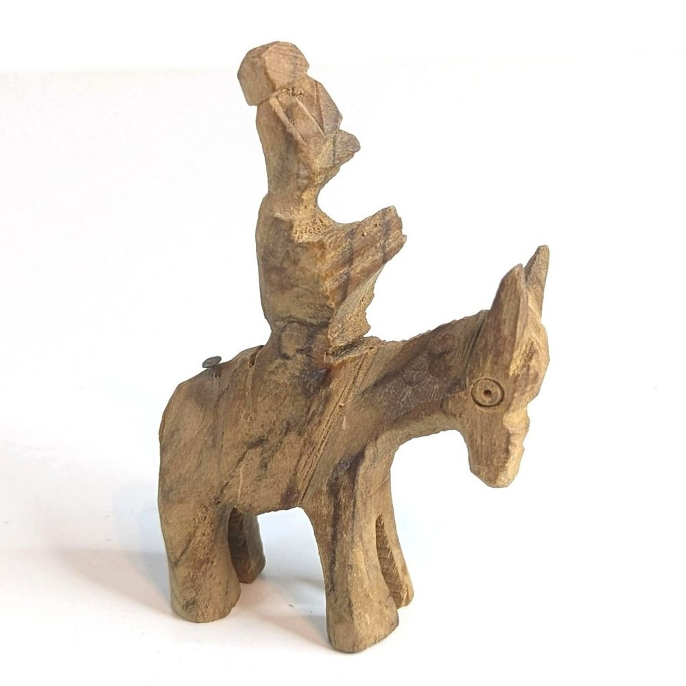 Vtg Primitive Folk Art Small Hand Carved Wooden Man on Donkey Christmas Ornament